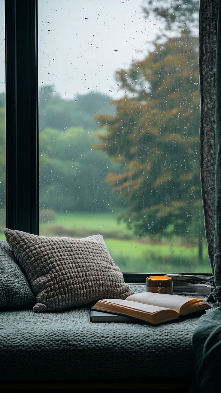 an open book sitting on top of a window sill next to a pillow and lamp