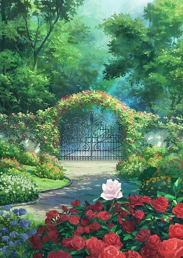 a painting of a garden with roses and an iron gate in the middle, surrounded by greenery