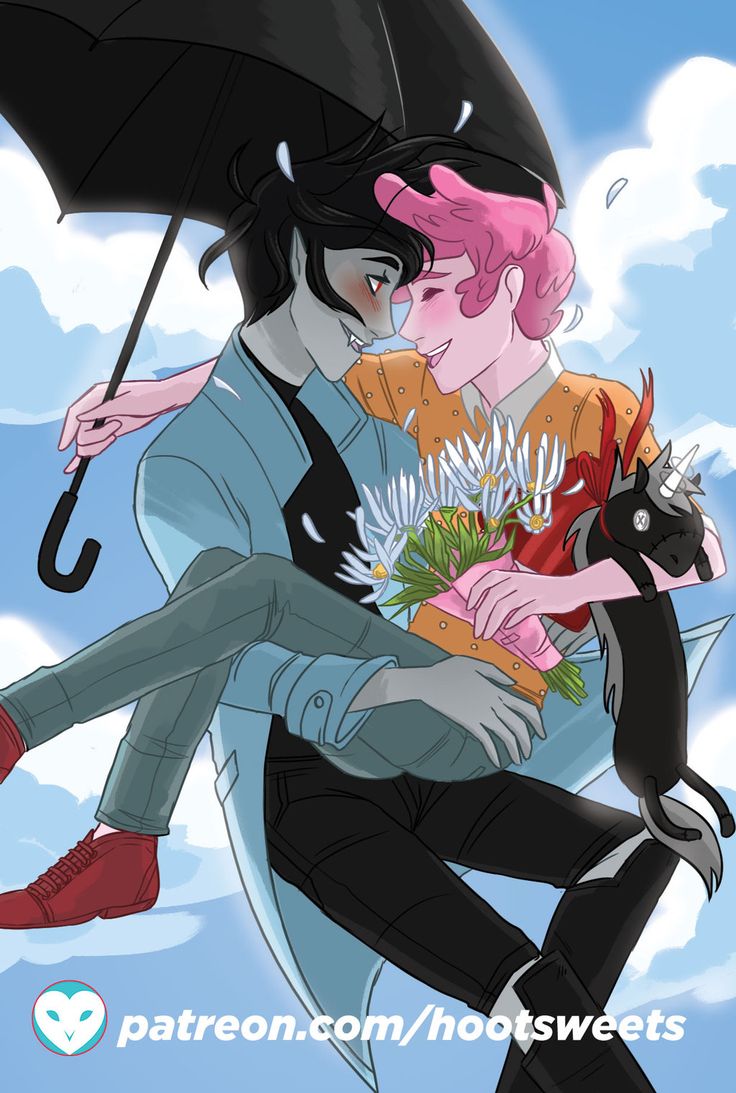 two people sitting on top of each other under an umbrella with flowers in their hands