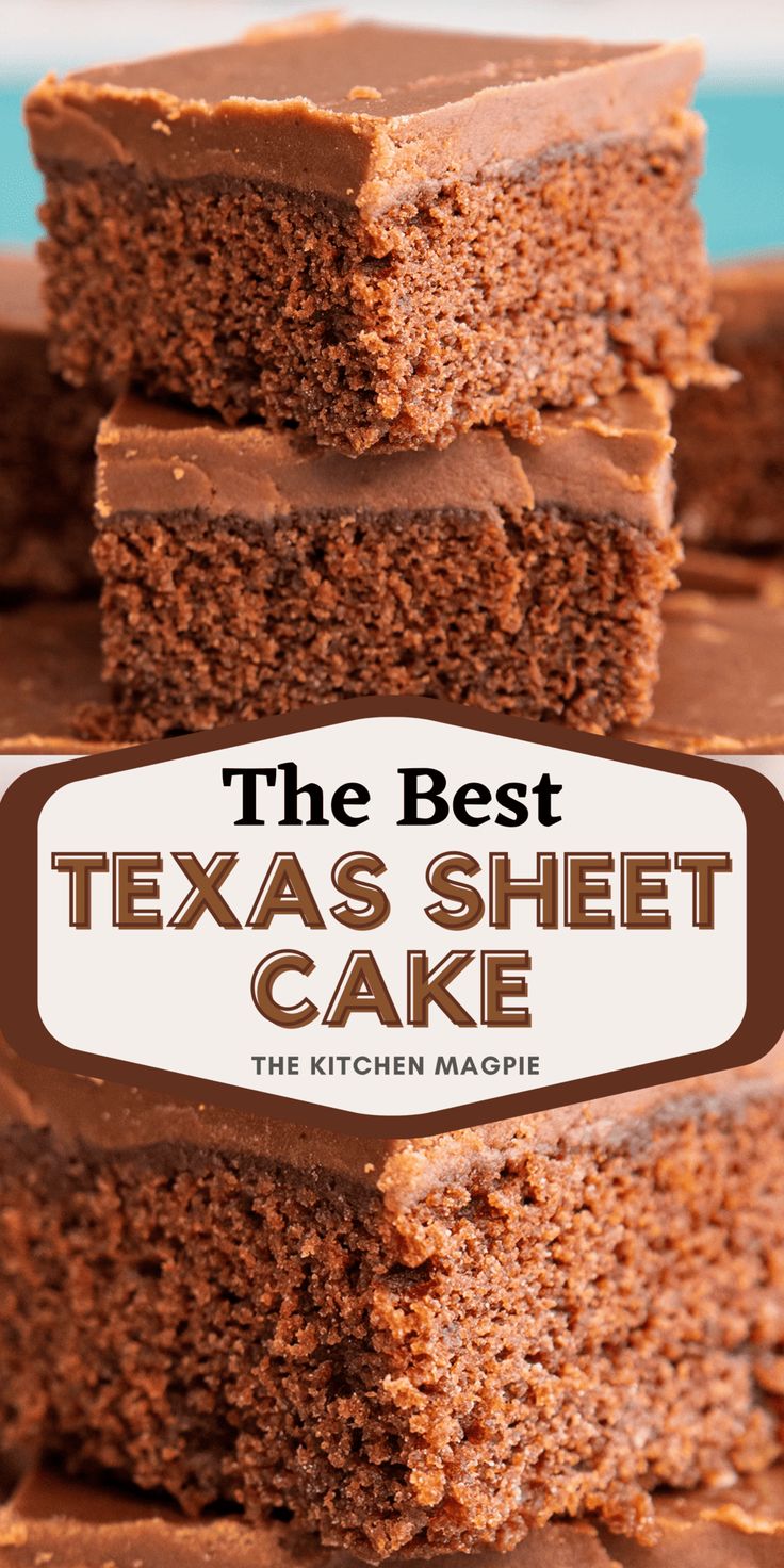 the best texas sheet cake with chocolate frosting is stacked on top of each other