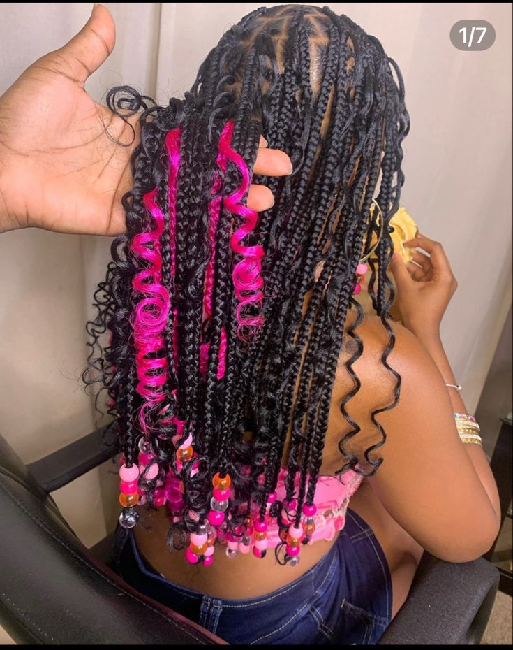 Knotless Box Braids With Beads And Curls, Braids With Beads And Curls, Hair Styles With Beads, Birthday Braids, Black Hair Protective Styles, Women Hair Styles, Braids Beads, Black Kids Braids Hairstyles, Boho Knotless Braids