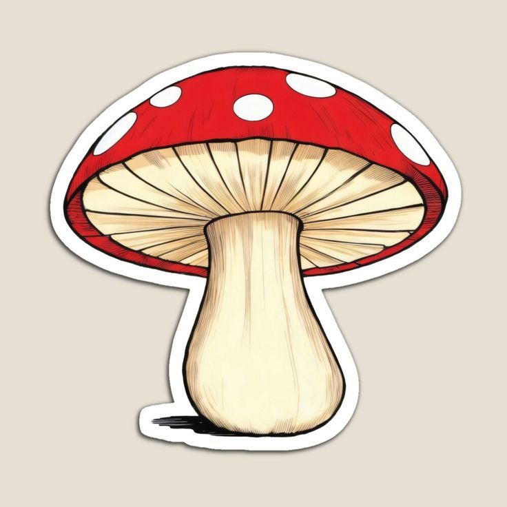 a red mushroom sticker with white dots on the top, sitting in front of a gray background