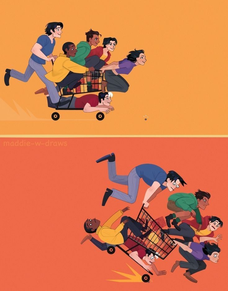 two pictures with people riding on top of each other and one has a shopping cart