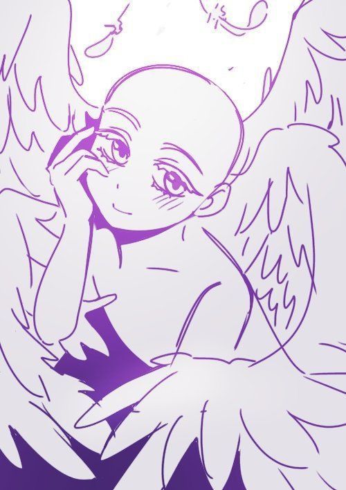 a drawing of an angel holding her hand up to her face and looking at the camera