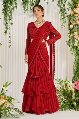 Shop for Nidhika Shekhar Red Shantoon Subh Shree Laal Ruffle Saree for Women Online at Aza Fashions Lehenga Sari, Ruffle Lehenga, Full Sleeve Blouse, Fancy Sarees Party Wear, Ruffle Saree, Red Pearl, Saree For Women, Drape Saree, Saree Designs Party Wear