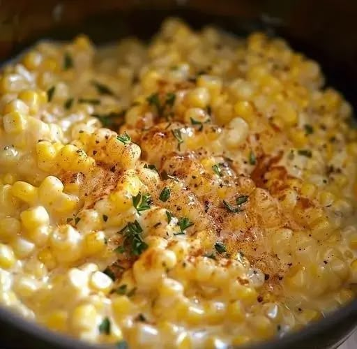 a bowl filled with corn and topped with parsley