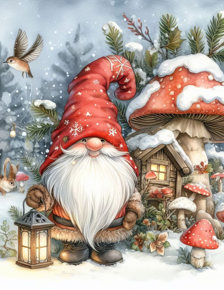 a painting of a gnome in the snow next to mushrooms and a house with a bird on it