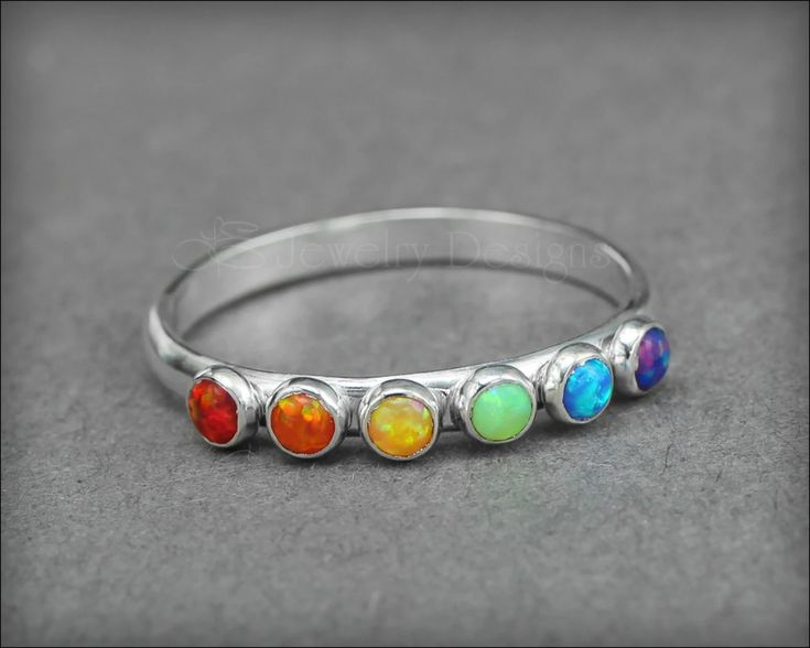 Multi Opal Ring - (choose # of opals) – LE Jewelry Designs Sterling Silver Birthstone Ring, Birthstone Band, Opal Stacking Ring, Mood Jewelry, Mothers Ring, Rainbow Ring, Opal Band, Rainbow Opal, Rainbow Rings