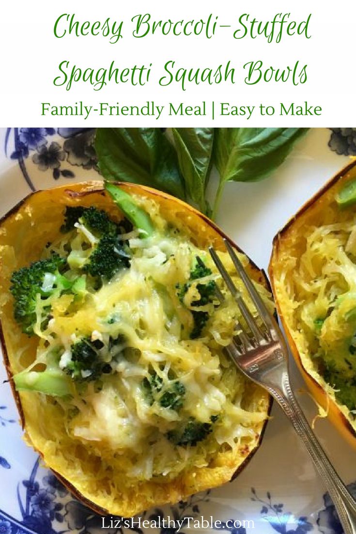 broccoli stuffed spaghetti dish bowls on a blue and white plate with a fork