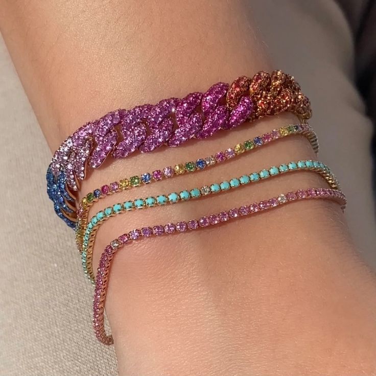 14K Gold Rainbow Sapphire Pave Cuban Link Bracelet Cuban Link Bracelet, Pave Bracelet, Pave Jewelry, Colorful Bracelet, Rainbow Sapphires, Dior Jewelry, Jewelry Accessories Ideas, Cuban Link, Gems Jewelry