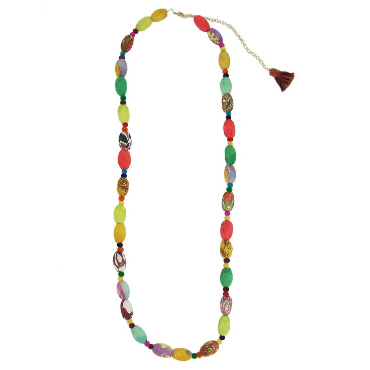 a multicolored beaded necklace with tassels and beads on a white background