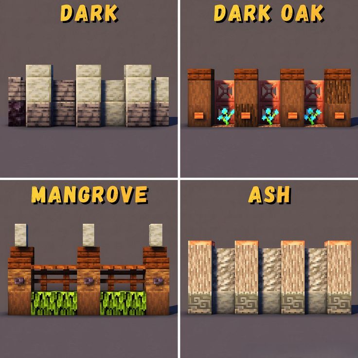 four different screens showing how to use dark oak and mangrove in minecraft