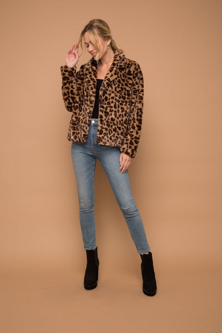 Super Soft Leopard Fur Jacket that will be a wardrobe staple. 100% Polyester Trendy Faux Fur Trim Outerwear For Fall, Trendy Fall Outerwear With Faux Fur Trim, Casual Fitted Fur Coat With Faux Fur Lining, Faux Fur Lined Outerwear For Fall, Faux Fur Outerwear With Lining For Fall, Trendy Long Sleeve Fur Coat With Faux Fur Trim, Casual Long Sleeve Faux Fur Outerwear, Casual Faux Fur Outerwear With Long Sleeves, Casual Fitted Fur Coat With Faux Fur Trim