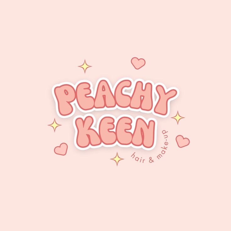 the words peachy keenn written in pink with hearts