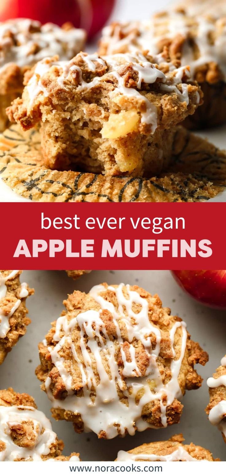 the best ever vegan apple muffins with white frosting and apples in the background