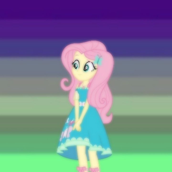 a pink haired girl in a blue dress standing next to a purple and green background