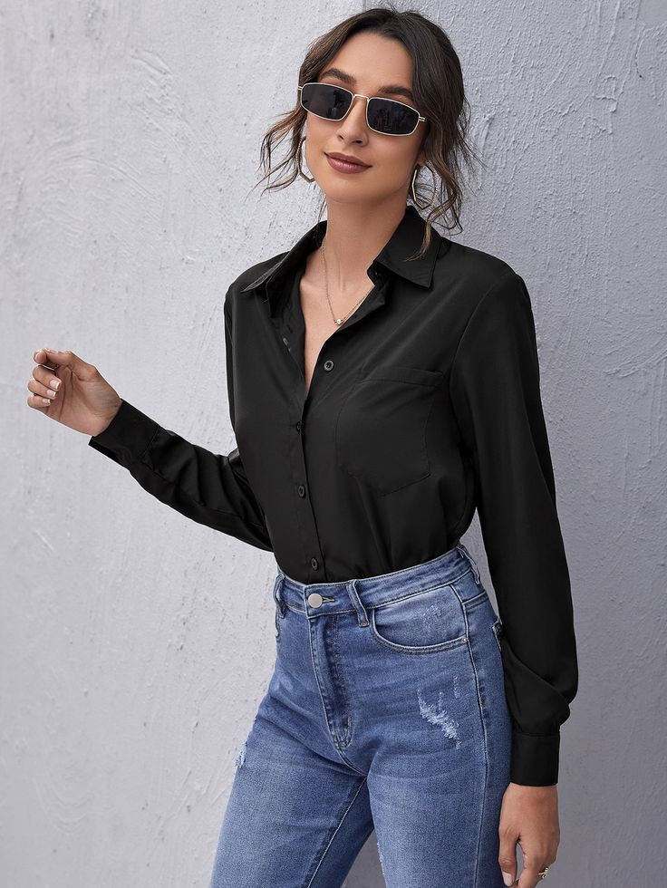 Black Elegant  Long Sleeve Polyester Plain Shirt  Non-Stretch Spring/Fall Women Tops, Blouses & Tee Leather Blouse, Satin Crop Top, Lace Button, Plain Shirt, Pleat Top, Plain Shirts, Women Blouses, Crop Blouse, Sequin Top