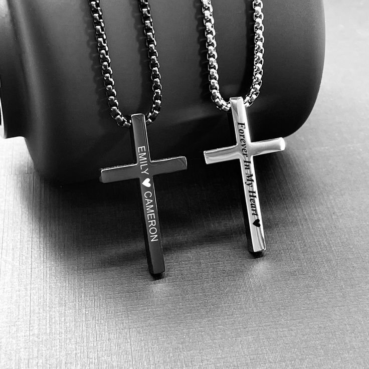 FREE FAST SHIPPING! Introducing our stunning personalized silver, black, and gold cross necklace, a beautiful and meaningful piece of jewelry perfect for any occasion. This necklace is custom-made with premium 316L stainless steel. The cross pendant can be personalized with a name, date, or special message of your choice. Wear this cross as a daily reminder of your faith or a stylish accessory to complement any outfit. Hypoallergenic necklace, will not cause irritation for sensitive skin.  Suita Gift Black Engraved Cross Necklace, Black Engraved Cross Pendant Necklace, Luxury Men's Cross Necklace As Gift, Cheap Men's Cross Necklace, Necklace Boyfriend, Cross Necklace For Men, Black Cross Necklace, Cross Pendent, Men’s Crucifix Necklace