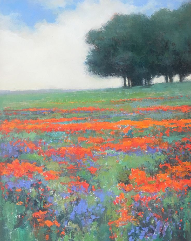 an oil painting of flowers and trees in a field