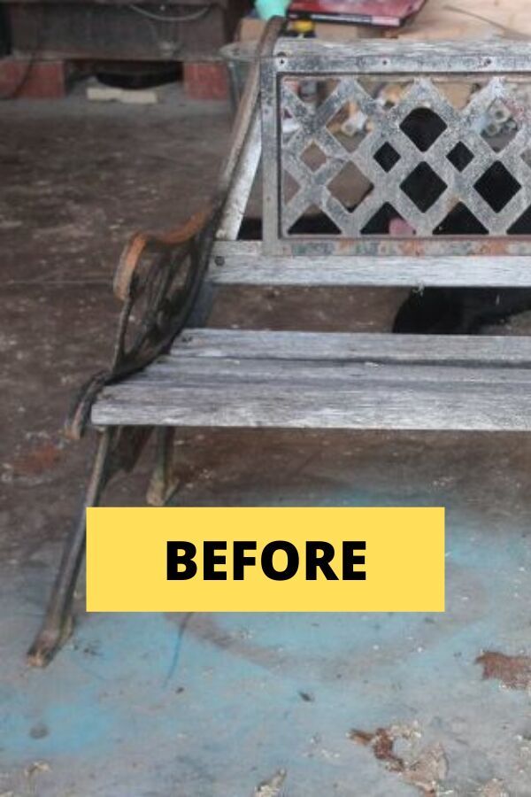 a wooden bench with the words before and after painted on it