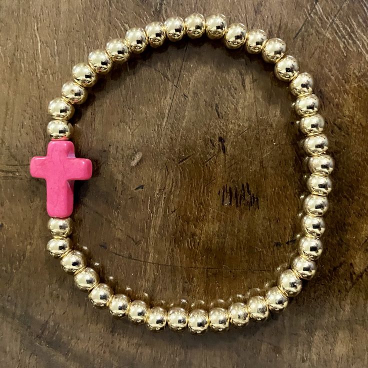 Pink Cross With Gold Fashion Beads. This Bracelet Is A Showcase On Its Own But Also Stacks Well. Stretches On New With Tags And Packaging Adjustable Pink Pearl Bracelet With Spacer Beads, Adjustable Pink Rosary Bracelet With 8mm Beads, Pink Bracelet With Gold Beads As Gift, Adjustable Pink Beaded Bracelets With 8mm Beads, Adjustable Pink Beaded Bracelets With Gold Beads, Adjustable Pink Rosary Bracelet With Colorful Beads, Pink Stretch Bracelet With Spacer Beads As Gift, Pink Pearl Bracelet With Hand-strung Round Beads, Pink Stretch Bracelet With Tiny Beads