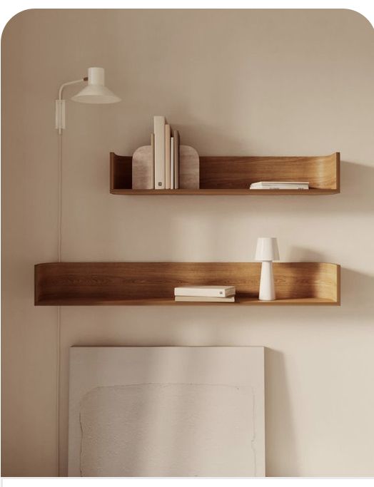 two wooden shelves on the wall with books