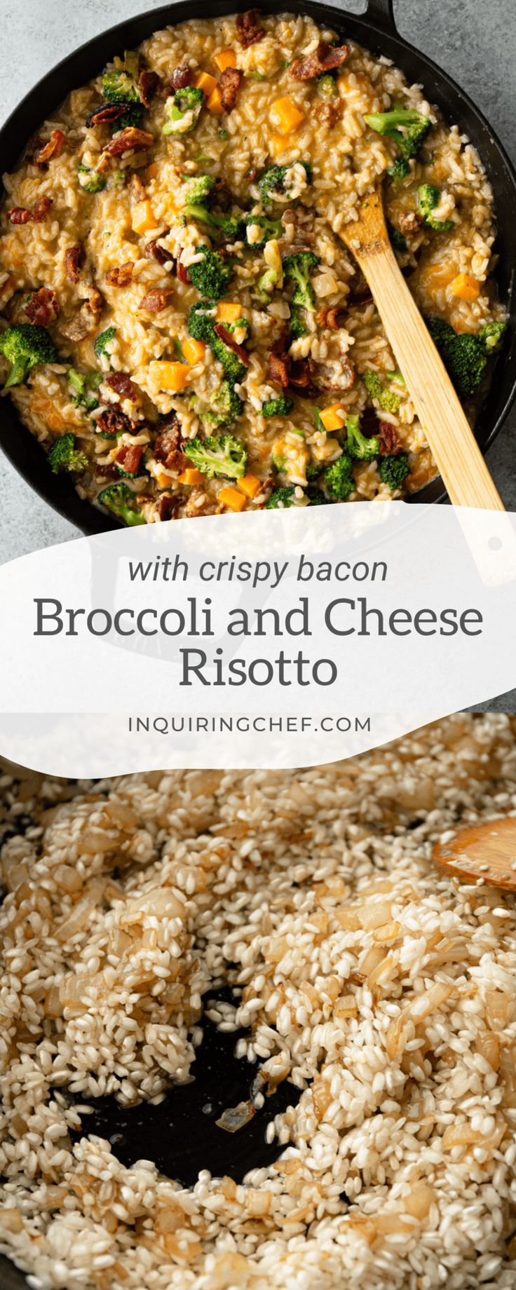 broccoli and cheese risotto with crispy bacon in a skillet