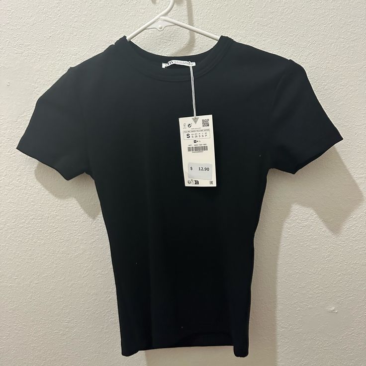 Brand New With Tags Zara Black Shirt Fitted Black T-shirt For Work, Chic Black Crew Neck T-shirt, Chic Black Crew Neck Top, Chic Stretch Black Shirt, Chic Black Stretch Shirt, Crew Neck Black T-shirt For Work, Black Crew Neck T-shirt For Work, Casual Black Fitted Top, Simple Black Tops For Summer