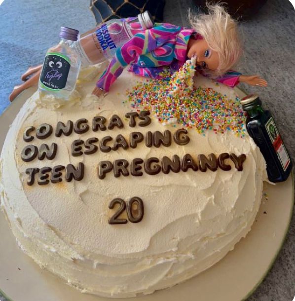 a birthday cake with confetti and sprinkles on it that says congrats on escaping ten pregnant