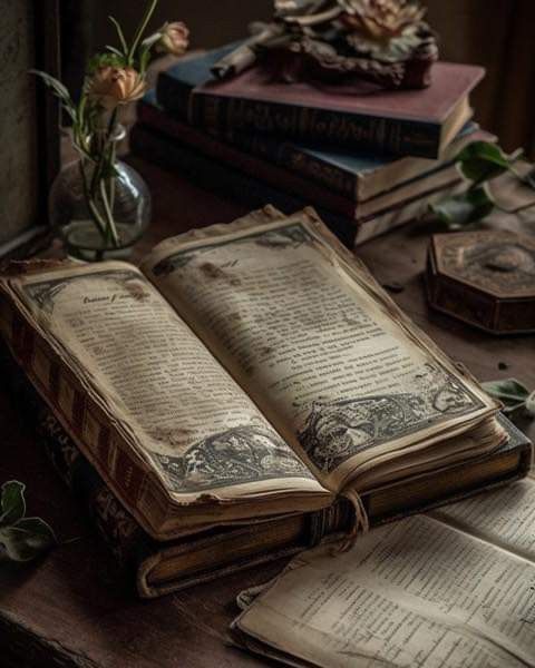 an open book sitting on top of a wooden table next to two vases filled with flowers