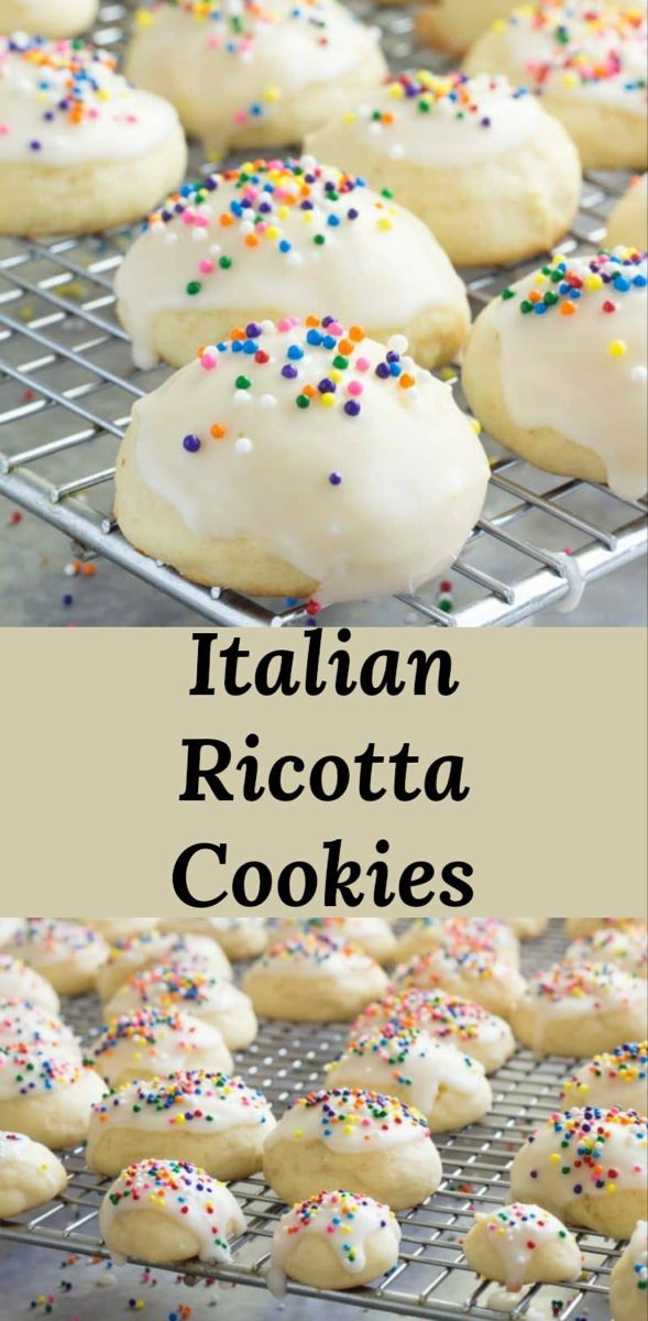 italian ricotta cookies with white frosting and sprinkles