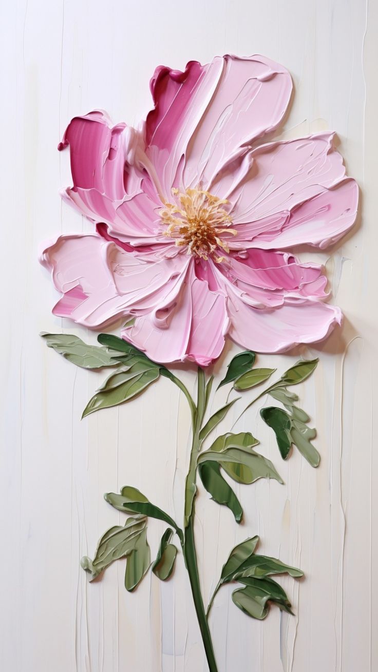 a large pink flower with green leaves on a white background, painted in acrylic paint