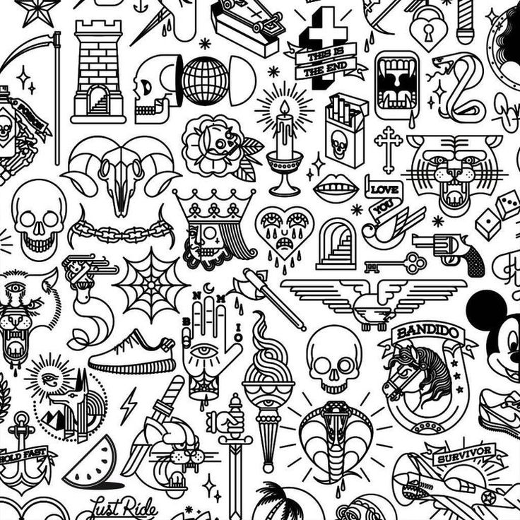 a black and white drawing of many different things