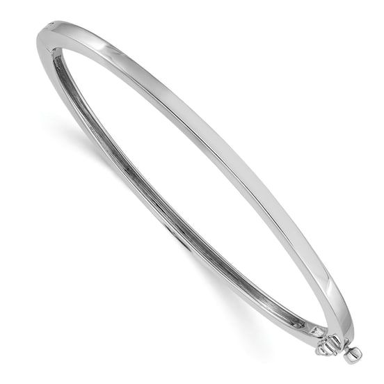 Rhodium over 14k white gold 2.5mm polished solid hinged bangle with box catch clasp. Classic Stackable Sterling Silver Bracelet, Classic Hinged Bracelets For Anniversary, Classic Hinged Bangle Jewelry, Classic Hinged Bangle As Gift, Classic Round Hinged Bangle, Classic Hinged Bangle, Hinged Sterling Silver Bangle For Formal Occasions, Formal Hinged Sterling Silver Bangle, Formal Hinged Sterling Silver Bangle Bracelet