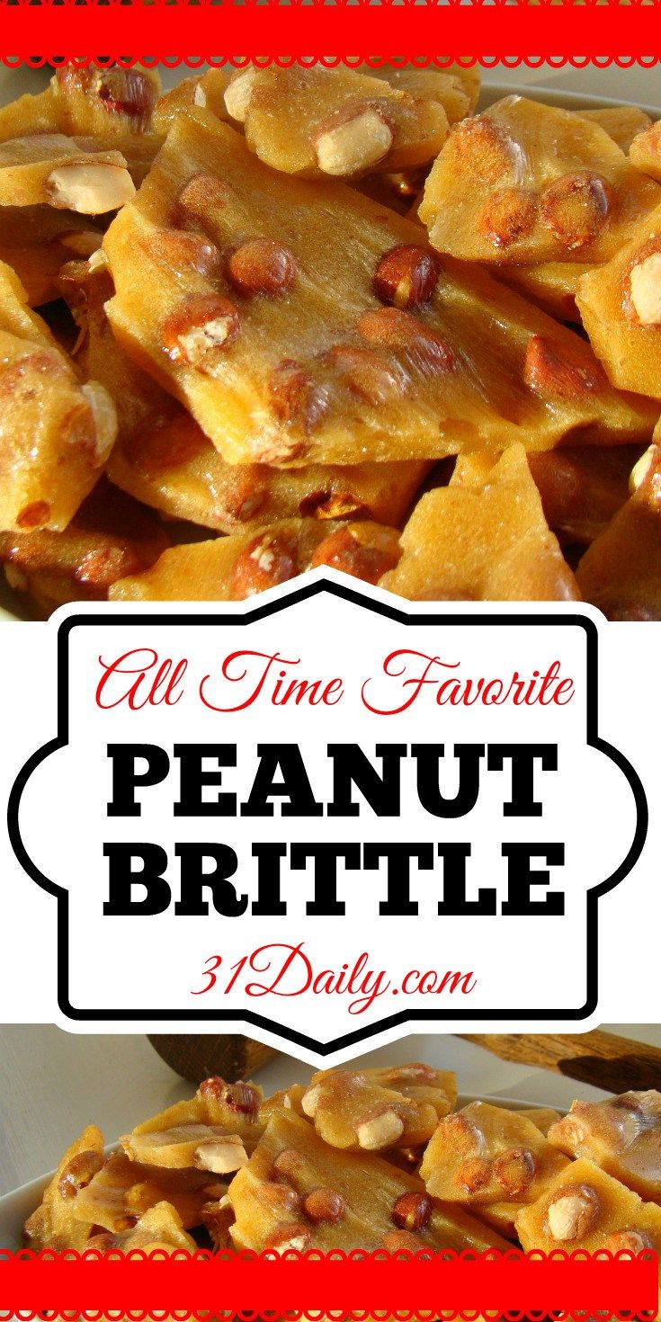 an image of a plate of food with nuts on it and the words all time favorite peanut brittle