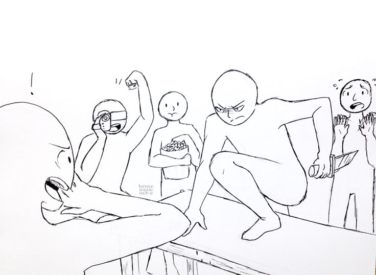 a drawing of people sitting on a bench with the words b f vj e