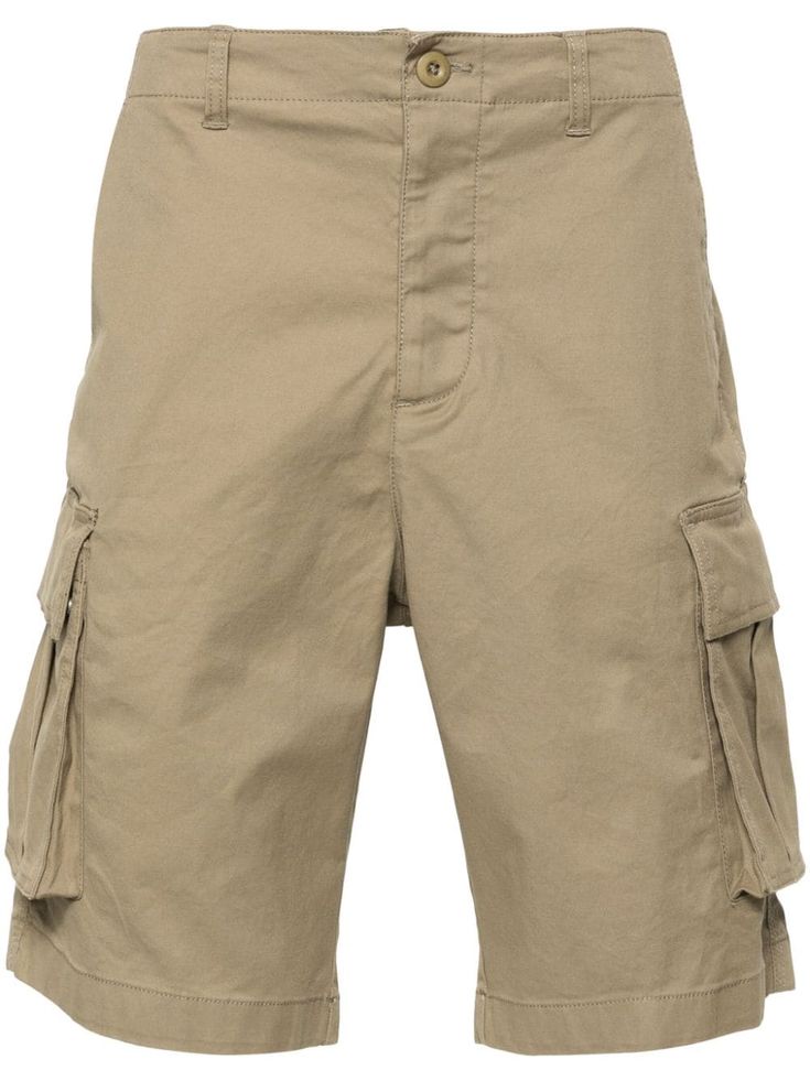 taupe organic cotton blend twill weave belt loops classic five pockets two side cargo pockets straight hem concealed fly and button fastening Khaki Utility Cargo Shorts With Patch Pockets, Allsaints Relaxed Fit Cotton Bottoms, Utility Cargo Shorts With Belt Loops In Khaki, Khaki Utility Cargo Shorts With Belt Loops, Utility Shorts With Flap Pockets, Khaki Cotton Cargo Shorts With Patch Pockets, Khaki Cotton Bermuda Shorts With Side Pockets, Relaxed Fit Khaki Cargo Shorts With Multiple Pockets, Khaki Bermuda Cargo Shorts With Pockets