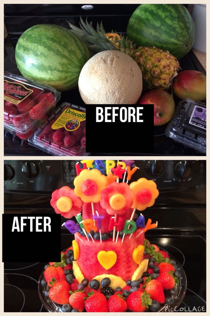 the before and after pictures of a cake made to look like fruit on top of each other