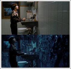 two pictures one with a woman in the bathroom and another with a man in the bathroom