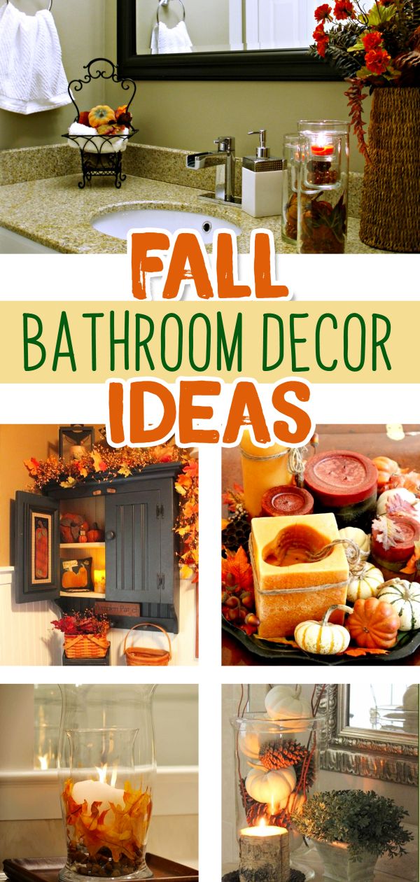 bathroom decor ideas that are easy to do in the fall or halloween season, including candles and pumpkins