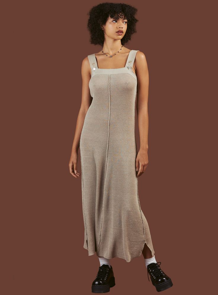 The Zero Dress is a knit linen dress with slits at the bottom hem and adjustable, buttoned shoulder straps. The material is slightly sheer, breezy, and comfortable. Fit is true to size.  Model is 5'10" and wearing a size S. 92% Linen, 8% Nylon Imported SKU: UWD-1384 Oatmeal Dress, Khaki Dress, Cream Dress, Color Khaki, Linen Dress, Xl Dress, Dresses Xs, Casual Skirts, Blouse And Skirt