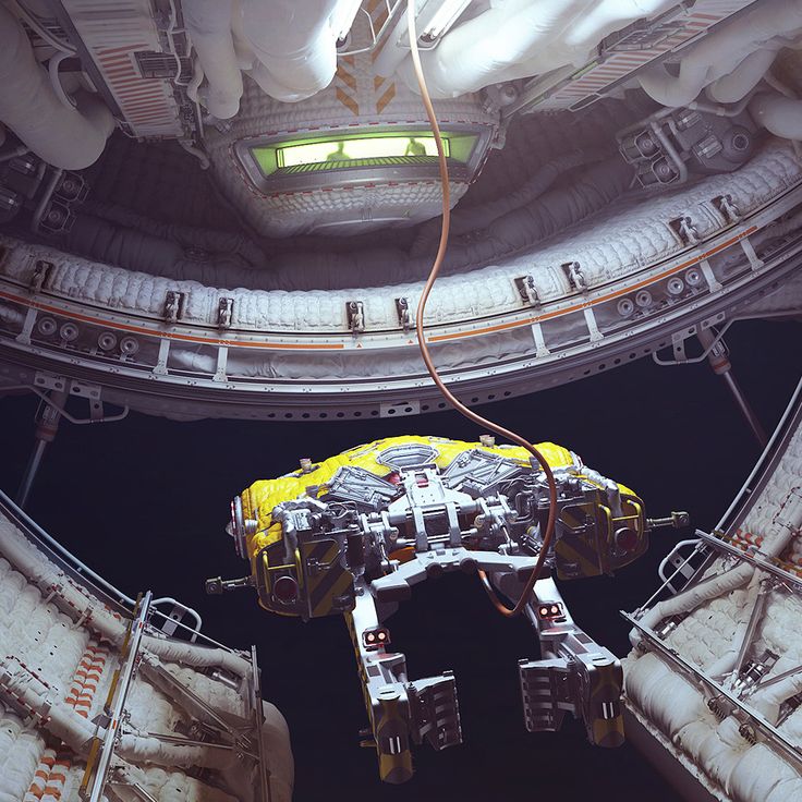 an overhead view of a space station with equipment