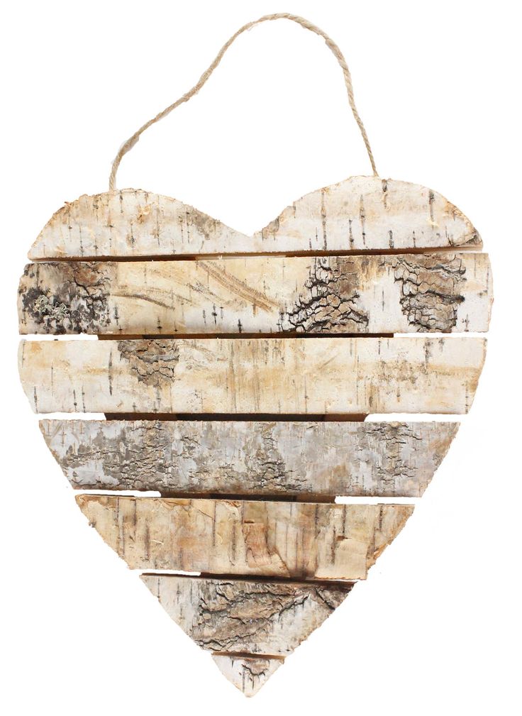 a heart shaped wooden sign hanging on a string with some wood planks attached to it