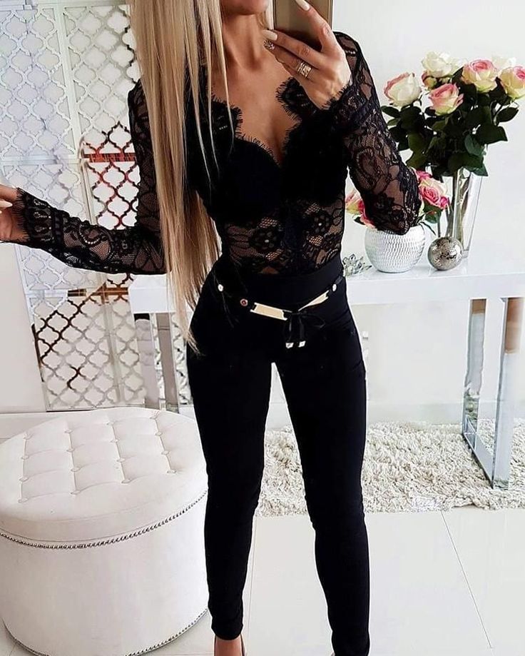 Mode Poses, Bodysuit Blouse, Black Outfits, V Neck Bodysuit, Lace Long Sleeve, August 22, Crop Top Shirts, Lace Bodysuit, Lingerie Collection