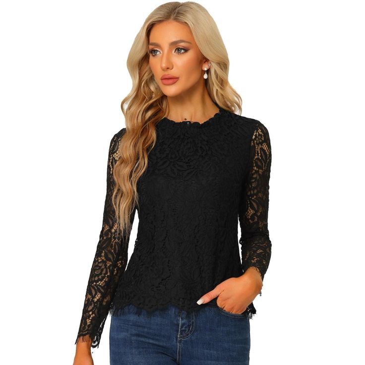 Add a bit of femininity to your look with the ruffle round-neck lace top. It features a long sleeve form, a ruffle neck, and lace fabric. It perfectly matches everyday jeans and skirts for a weekend casual look. A lace top puts a feminine spin on any day or night look with a charming feminine silhouette. Good options for parties, sweet dating, shopping, festivals, banquets, office outfits, casual wear, and daily outfits. Everyday Jeans, Womens Lace Tops, Lace Blouse Long Sleeve, Black Floral Blouse, Black Lace Top, Lace Top Long Sleeve, Lace Long Sleeve, Neck Lace, Blouse Black