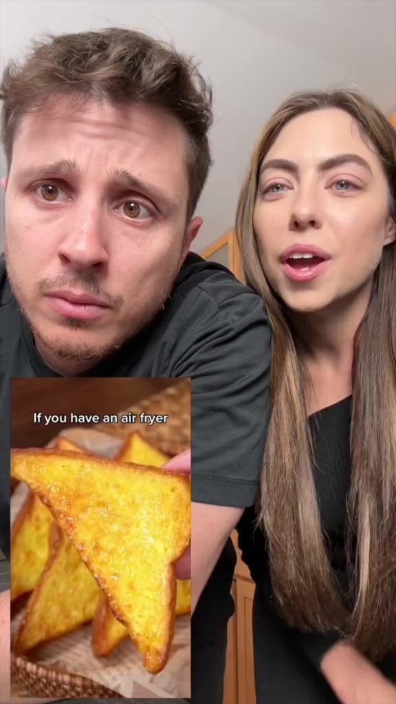 a man and woman holding up two slices of pizza in front of them with the caption if you have an all fryer