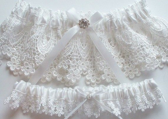 White Garter Set in Venise Lace with Beautiful Rhinestone Finding on a Satin Bow  - The BETHANY LYNN Garter Set Fitted Lace Bridal Belt For Ceremony, Elegant Scalloped Lace For Brides, Fitted Wedding Lace With Lace Back, Fitted Lace With Lace Trim For Bride, Elegant Fitted Lace For Wedding Night, Fitted White Lace For Wedding Night, Fitted Lace Back Dress For Weddings, Fitted Lace Bridal Belt For Bride, Elegant Lace Bridal Accessories For Bridal Shower