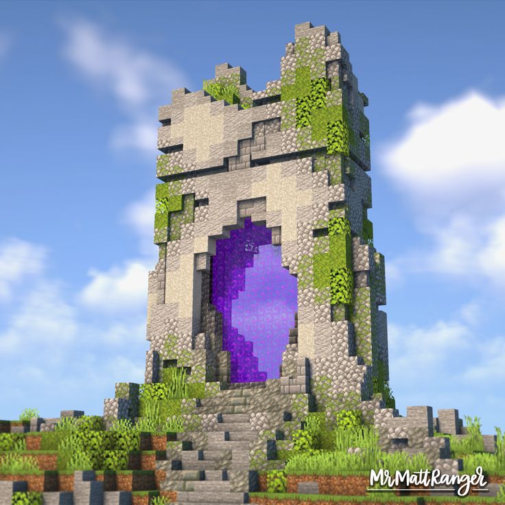 a very tall tower with a purple door in the middle of some grass and rocks