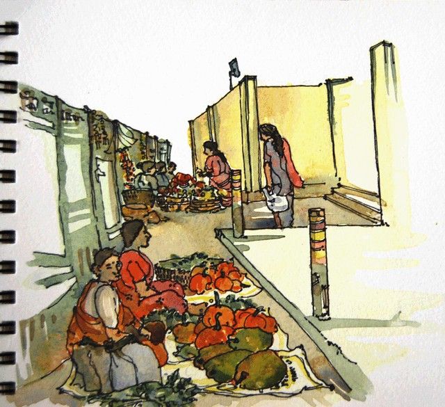 a drawing of people shopping at an outdoor market with pumpkins on the ground and in front of them