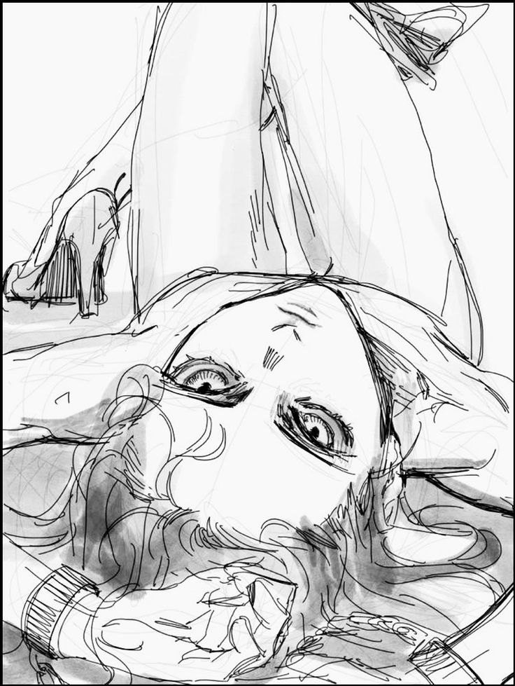 a drawing of a woman laying on the ground with her eyes open and hands behind her head